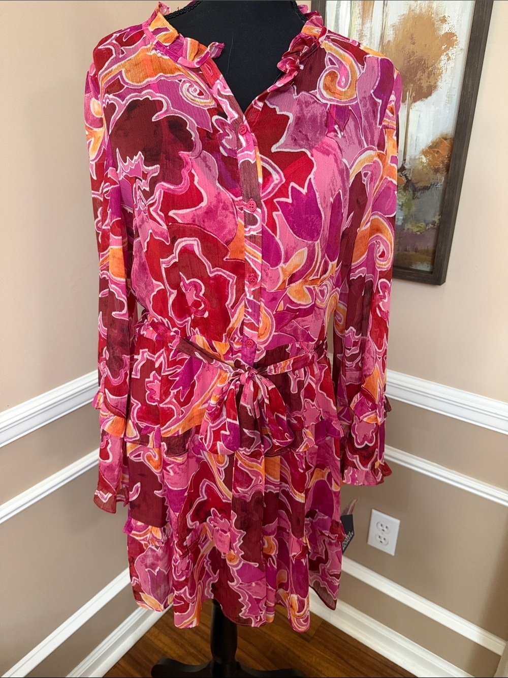 Donna Morgan Pink Multi-Color Floral Long Sleeve Tie-Waist Dress